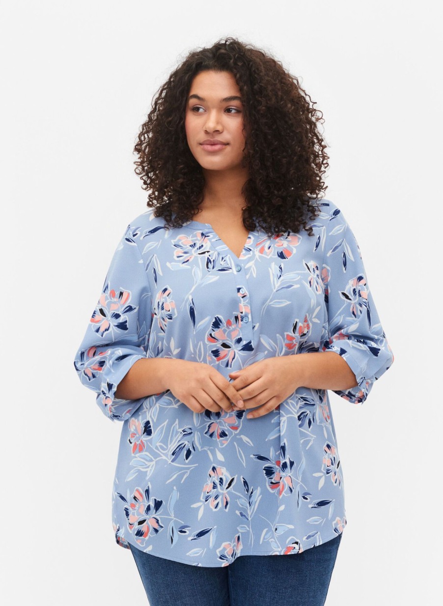 Bluser & Skjorter ZIZZI | Blomstret Bluse Med 3/4 Aermer