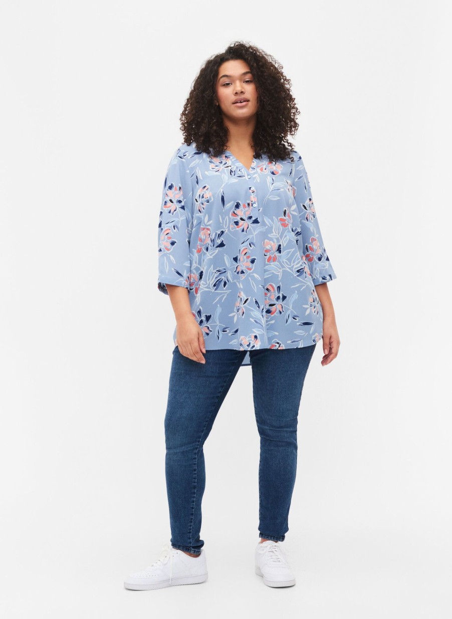 Bluser & Skjorter ZIZZI | Blomstret Bluse Med 3/4 Aermer