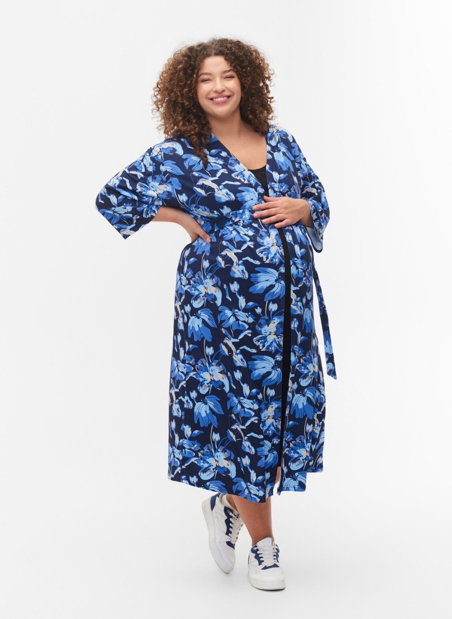 Bluser & Skjorter ZIZZI | Blomstret Graviditets Kimono Med 3/4 Aermer